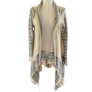 Dreamers Open Front Cardigan Cream Gray Striped Waterfall Hem Aztec Print S/M